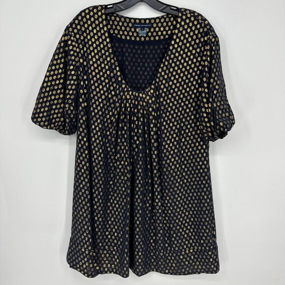 3/$25 French Connection Silk Tunic Mini Dress 10 Metallic Polka Dots Navy Blue - Picture 1 of 11